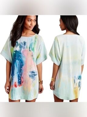 Maeve Abstract Watercolor Short Sleeve Tunic - Blue, Pink, Yellow. 100% Silk